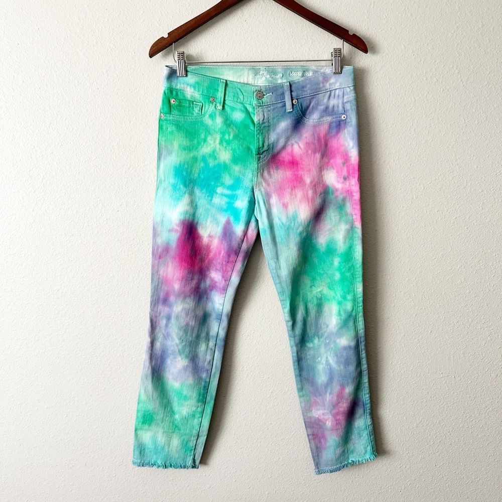 7 For All Mankind Roxanne Ankle Tie Dye Slim Jeans Green Pink AU8237616A Size 28